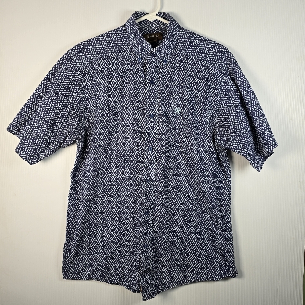 Ariat Men's Short Sleeve Navy & Light Blue Geometric Button Up Shirt Collar Med